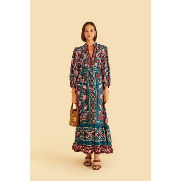 knee length dresses for ladies Farm Rio Red Garden Delight Long Sleeve Midi Dress, Garden Delight Red / XXS main image 1